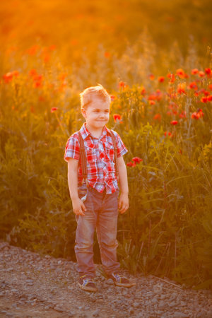 A young boy with eye misalignment, smiling and giggling in a sunset-lit poppy field.の写真素材