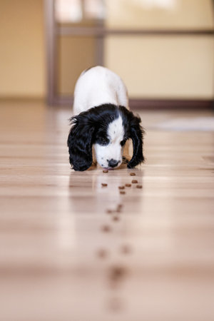 One-month-old Russian spaniel puppy collecting food from a parquet floor.の写真素材