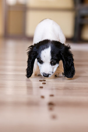 One-month-old Russian spaniel puppy collecting food from a parquet floor.の写真素材