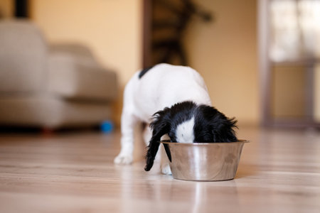 Small black and white Russian spaniel puppy eating food from a large metal bowl.の写真素材