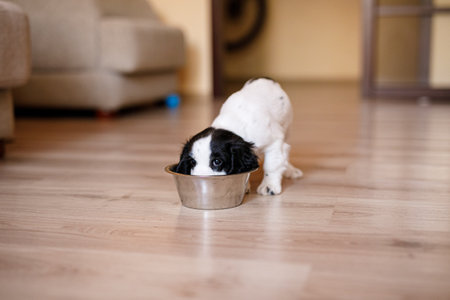 One-month-old Cocker Spaniel puppy eating food from a large bowl on a parquet floor.の写真素材