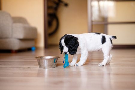Small Russian spaniel puppy playing on a wooden parquet floor with a blue toy.の写真素材