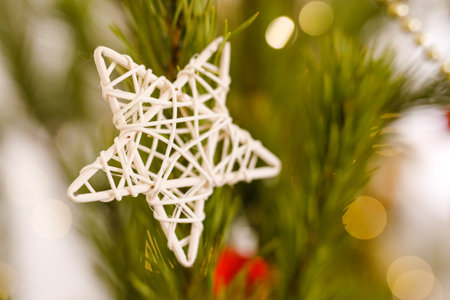 DIY Christmas tree decoration, straw white star on natural pine branches, beads and glitter in the background.の写真素材