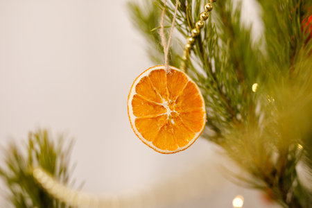 DIY Christmas tree decoration, dried orange on natural pine branches, beads and glitter in the background.の写真素材