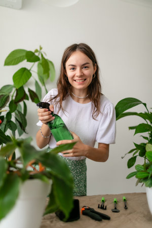 Young slim woman in white t-shirt watering houseplants in stylish living roomの写真素材