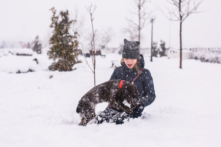 A teenage girl walking her dog outside in winter, throwing snowballs at her. Russian spaniel runs with flapping ears in the snow and plays.の写真素材