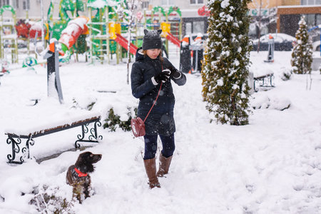 12-year-old girl walking under snowfall with her younger brother and a spaniel dog.
