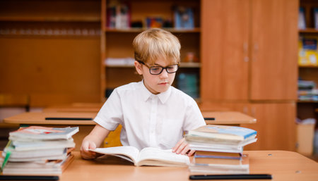 Schoolboy in glasses with visual impairment answering in a public school lesson.の写真素材