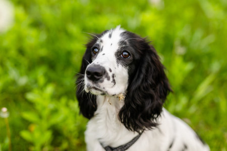 A cute black and white spaniel puppy stands alert on lush green grass in a spring garden. The young dog has expressive eyes and soft floppy ears