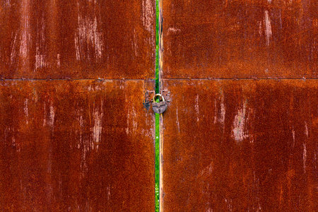 Old padlock on a rusty iron gate.