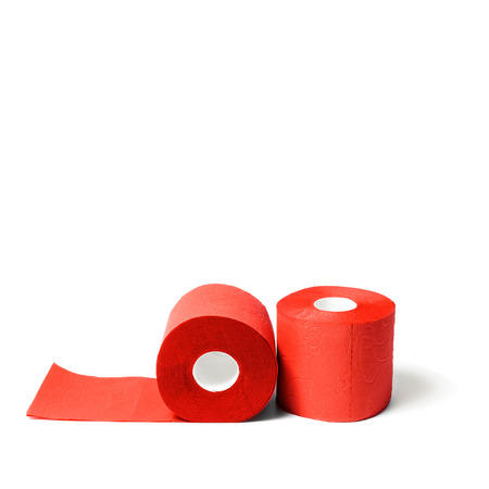 Rolls of red coral toilet paper isolated on white background.の写真素材