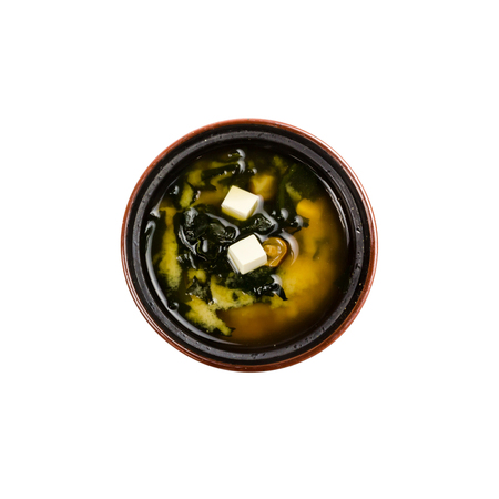 Miso soup in a  black cup isolated on white background. Isolated.の写真素材