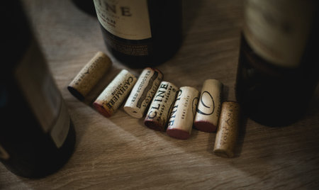 St. Petersburg, Russia-August 16, 2018: corks from just opened bottles of wine presented at the wine training on American winemakingのeditorial素材