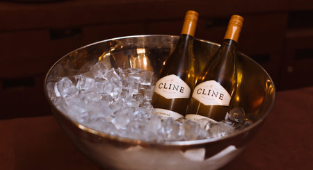 St. Petersburg, Russia-August 16, 2018: bottles of Cline Vionier wine in an ice bowl. Preparation...
