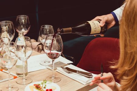 St. Petersburg, Russia-August 16, 2018: Syrah wine is bottled, produced by Cline family Cellars for tasting at the training.のeditorial素材