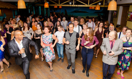 Moscow, Russia-January 19, 2019: Cuban dance teachers conduct a master class in salsa and reggaeton in the night club Tiki bar.のeditorial素材