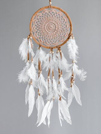 A brown Dreamcatcher with white plumage on a gray background. Interior decoration. Native American Dream Catcherの写真素材