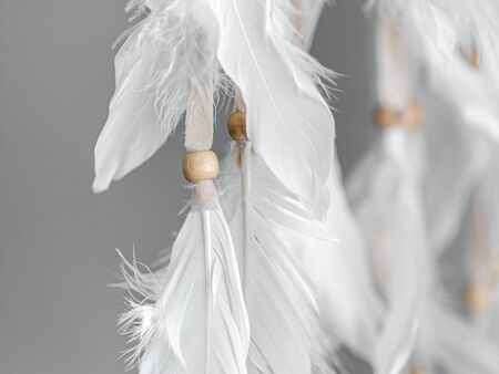 Plumage and beads of a Native American Dreamcatcher. Close up. Selective focus.の写真素材