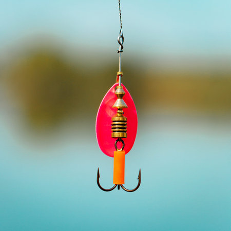 A spinner with a triple hook for fishing hangs on a fishing line. Selective focus. Close up.