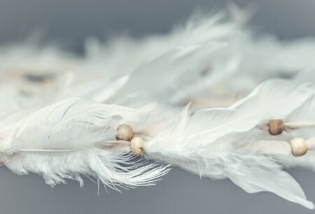 Plumage and beads of a Native American Dreamcatcher. Close up. Selective focus.の写真素材
