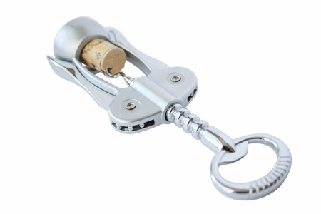 Wine bottle opener, corkscrew isolated over white with cork insideの写真素材