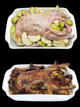 raw duck with apples and duck after backing in the ovenの写真素材