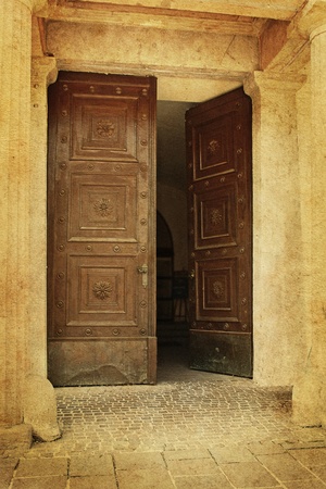 Old aged photo of big ancient doors の写真素材