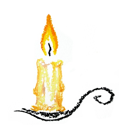 brass candelabra illustration with brightly lit pillar candle. Isolated over whiteの写真素材