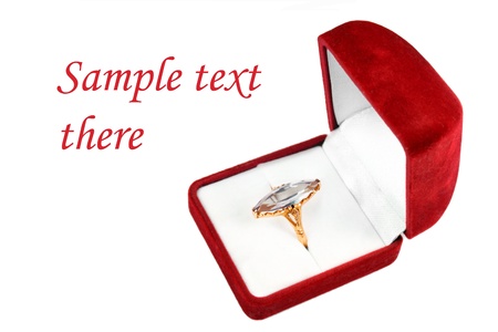 postcard template ring with big stone in a red box isolated over whiteの写真素材