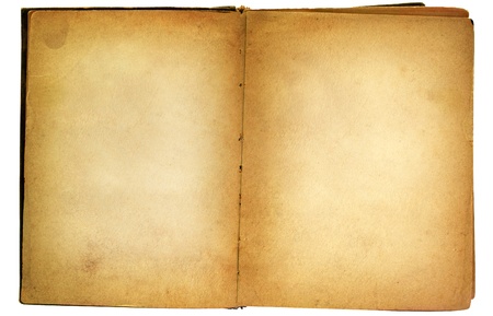 aged old book opened with blank textured pages isolated over whiteの写真素材