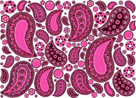 bright pink paisley background with many elements in it over whiteの写真素材