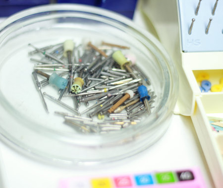 dentist tools close up on a dentist chair in Dentist Clinic (blue tone)