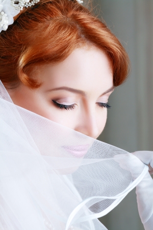 Charming bride with the veil, close up viewの写真素材