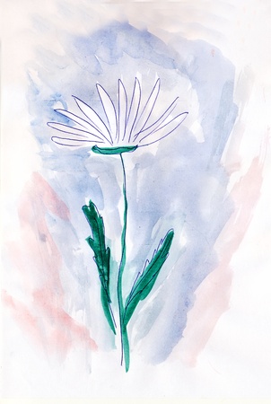 Watercolor painting white flower with blue backgroundの写真素材