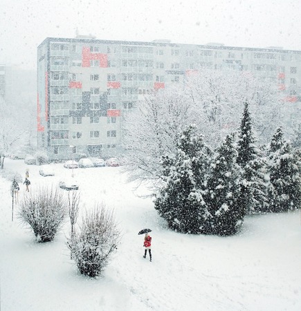 snow falls and residential building in Trnava Slovakiaのeditorial素材