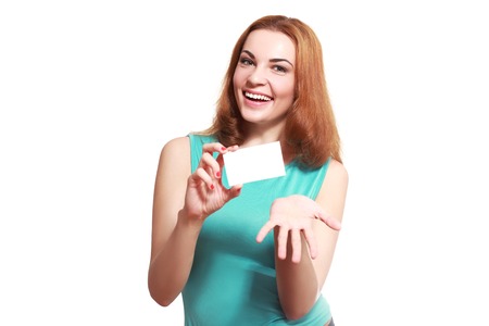 Casual style smiling woman portrait show blank card.の写真素材