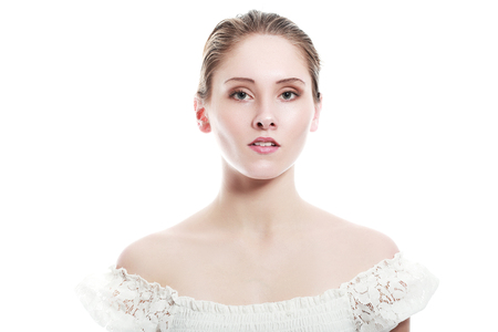 face of a beautiful young girl with a clean fresh face close upの写真素材