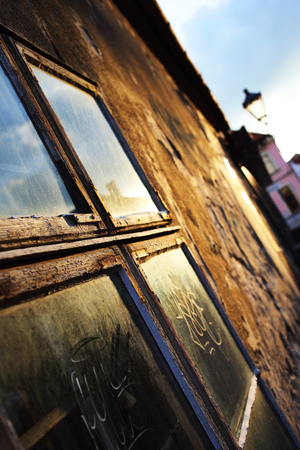 abstract photo of the window in the house close up with blue sky on itの写真素材