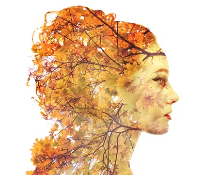 Double exposure portrait of attractive lady combined with photograph of tree. Be creative! Autumn Fall leaves seasonal conceptの写真素材
