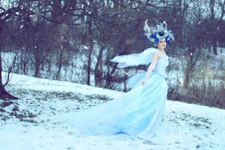 Winter fairy outdoor wearing bluish dress and floral crownの写真素材