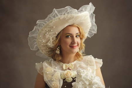 Beautiful blond woman in fancy Victorian hat and dress with laces and rosesの写真素材