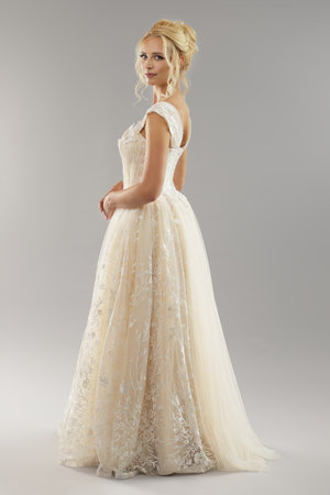 Bridal portrait young woman in wedding dress over grey background studio shotの写真素材