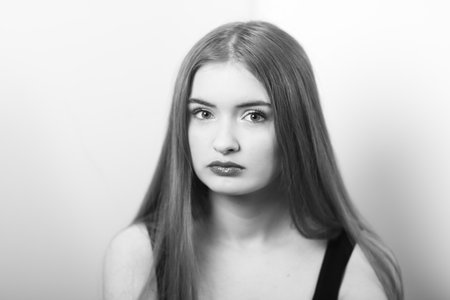 beautiful teenage girl b&w portrait headshot melancholicの写真素材