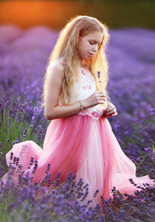 Beautifl little girl in pink dress enjoy summer lavender fieldの写真素材