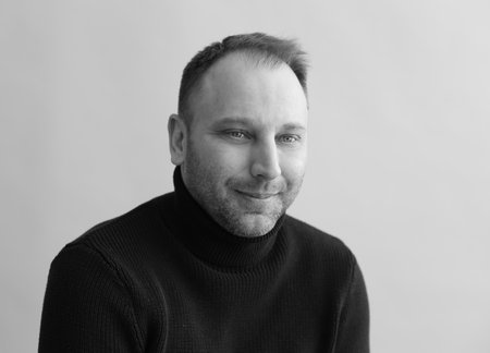 Black and white portrait of mature man in the middle of his 40sの写真素材