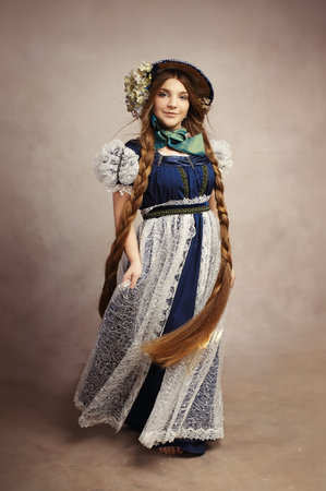 Young teenage woman portrait regency era bonnet hat close up full bodyの写真素材
