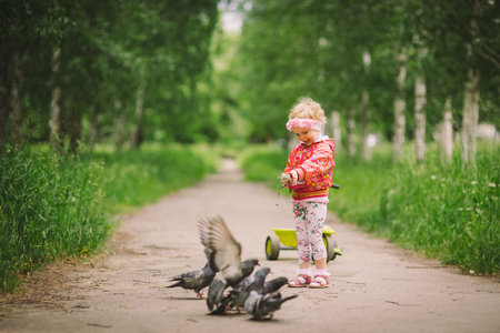 the little girl feeds pigeons there is a green bicycle nearbyの写真素材