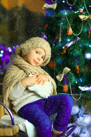 the girl in lilac jeans, in a knitted cap and with a knitted scarf sits on a sledge near a Christmas fir-tree with a toy and it is snowingの写真素材