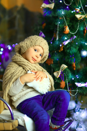 the girl in lilac jeans, in a knitted cap and with a knitted scarf sits on a sledge near a Christmas fir-tree with a toy and it is snowingの写真素材