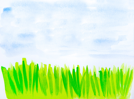 blue sky and green grass painted in watercolor. Background for websites and design projectsの写真素材